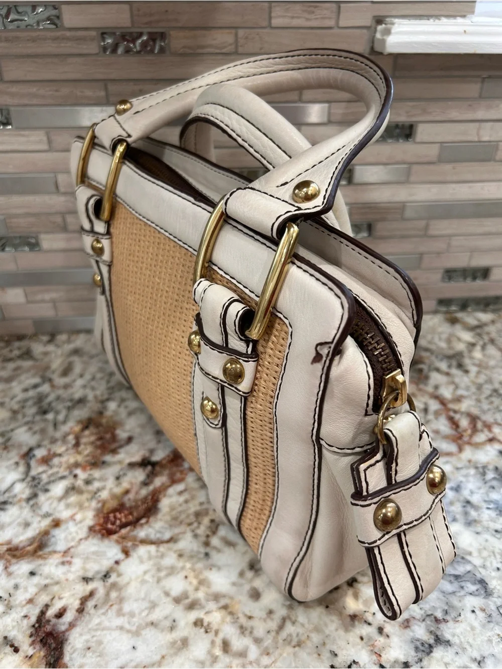 Banana republic, leather& Woven raffia - Ivory and Tan bag